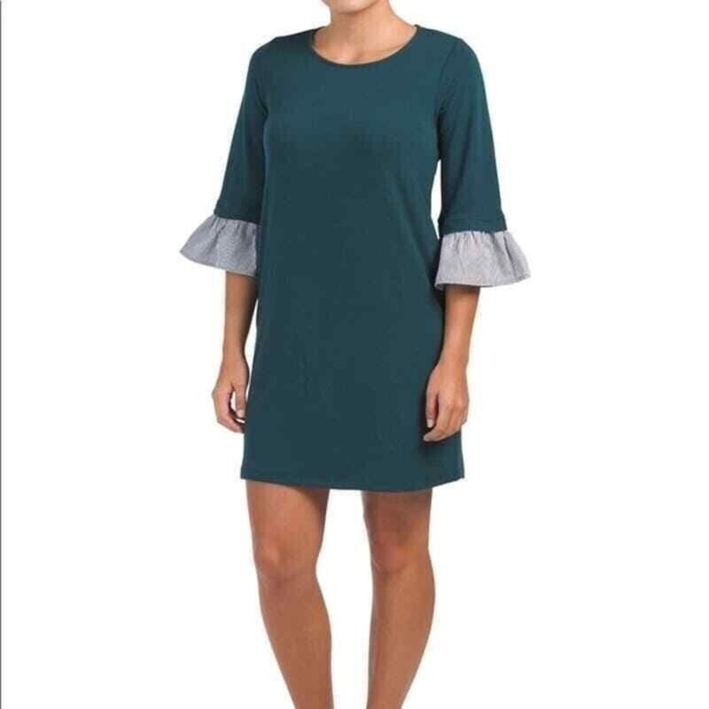 Anthropologie Pleione Womens S Green Ruffle Layer Long Sleeve Shift Dress Soft